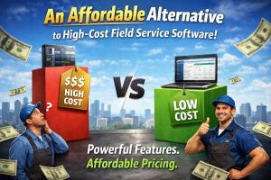 Graphic comparing high-cost vs low-cost field service software, with worried vs happy technicians and bold “affordable alternative” headline.