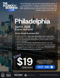 This image shows the tour locations and dates for The Economy Is My Business Tour. Those locations include Philadelphia on April 9, NYC on April 22, Charlotte on May 13, Dallas on June 23, and Los Angeles on June 25. You can learn more about the event at 
