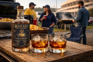 Blue Lot Bourbon Single Barrel Select bottle with poured glasses at a tailgate game day setting West Virginia