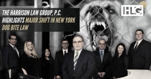 NY personal injury lawyers & vicious dog imagery with press release title: The Harrison Law Group, P.C., Highlights Major Shift in New York Dog Bite Law.