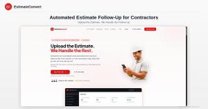 EstimateConvert.com homepage showing automated estimate follow-up software for contractors with product dashboard and website hero section.