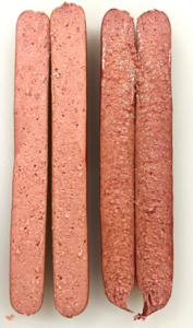 Cross section of unheated (left) and heated (right) Big Sexy hot dogs, with fresh onion and garlic and natural glistening juiciness.