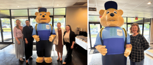 Two photos showing members of IBCCES and Harvest Community School with IBCCES mascot, Access the Bear.