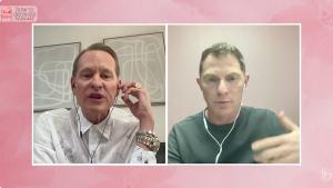 Carson Kressley and Bobby Flay sitting on 2 podcast sets