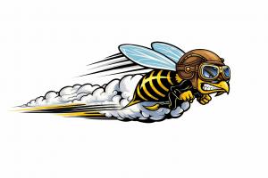 Angry hornet mascot with aviator gear flying fast, Hudson Motor Company symbol