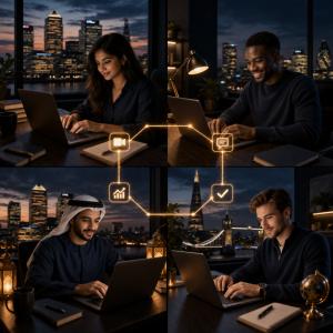 A diverse group of four young professionals from different backgrounds — South Asian, African, Middle Eastern and European — each on a laptop in their own location, digitally connected via glowing interface lines suggesting a live online session.