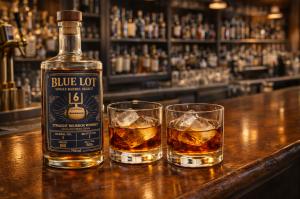 Blue Lot Bourbon Single Barrel Select bottle with two poured glasses on a bar West Virginia on-premise accounts RNDC distribution