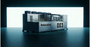 Vue extérieure de Relo, la micro-usine de Relocalize, un système modulaire en conteneurs conçu pour la fabrication distribuée de packs de froid à base d'eau et sacs de glace emballés.