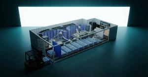 Vue intérieure de la micro-usine autonome RELO de Relocalize, montrant des systèmes robotisés et de réfrigération pilotés par l'IA produisant des packs de froid à base d'eau pour la livraison du dernier kilomètre.