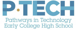 This is a blue and white logo for Pathways in Technology Early College High School (P-TECH).