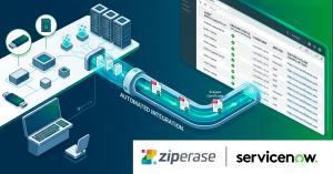 An illustration depicting automated integration with servers, USB drives, and a laptop connected to a digital pipeline that processes documents into a web interface.