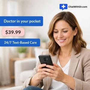 : ChatWithDr.com mobile app iOS Android $39.99 online doctor telehealth text consultation 24/7 all 50 states
