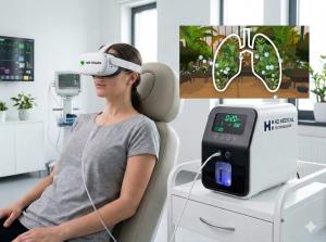 Patient using VR Vitalis virtual reality rehabilitation headset alongside H2 Medical Technologies molecular hydrogen device for pulmonary therapy in a clinical setting