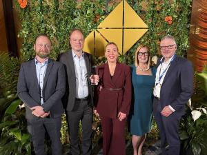 The Vetter team is proud to accept the 2026 CDMO Leadership Awards. Those pictured include (from left) Dr. Sebastian Schuck, Vice President Key Account Management, Lars Hahn, Senior Vice President Global Sales Organization, Ayse Hizli, Vice President New