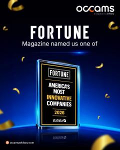 An award graphic featuring gold confetti on a dark blue background. At the top right is the Occams logo with the tagline "inception to infinity." Large white text reads, "FORTUNE Magazine named us one of." Centered below is a glowing blue and glass trophy