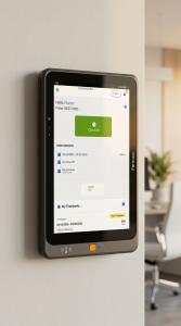 The DATABASICS Shared Time Clock is mounted on the wall of an office to provide fast and easy access for employees to clock in/out, view PTO, and see timesheets at a glance.