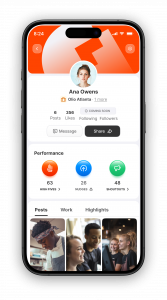 Mobile app screen displaying a GAGE employee profile, including profile photo, workplace affiliation, posts, likes, and performance metrics such as High Fives, Nudges, and Shoutouts, along with recent workplace posts featuring team interacti