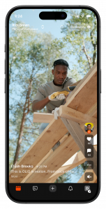 Mobile app screen showing the GAGE posts feed, featuring a video of a worker cutting wood on a construction site. The interface displays the user’s name, caption, engagement icons including likes and comments, and navigation controls, highlighting real-ti