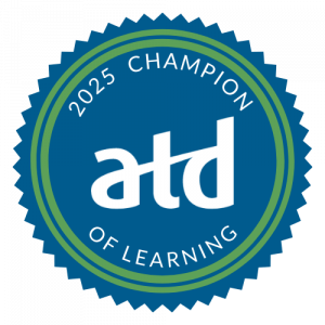 A badge issued by ATD recognizing TrainingPros as a champion of learning in 2025.