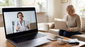 Older female patient participating in an online telehealth consultation, engaging with a clinician from home.