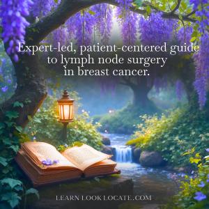 Image from Learn Look Locate’s guide on lymph node surgery in breast cancer, featuring an open book in a peaceful natural setting, symbolizing the guide’s expert-led, patient-centered education, broken down into chapters for easy understanding.