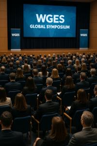 Large audience seated in an auditorium at a WGES Global Symposium, participating in the sessions focused on collaboration and global opportunities.