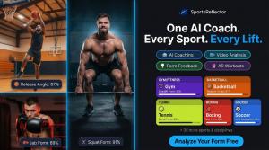 SportsReflector AI sports coaching app analyzing basketball release angle, squat form, and boxing jab mechanics across 20+ sports and gym exercises with real-time form scoring