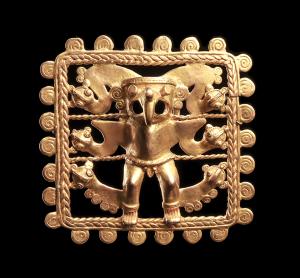 Fine openwork Veraguas-Diquis gold pendant depicting a large central deity having a human body with a long openwork bird-of-prey hooked beak, wearing a fancy double-plumed headdress. Sold for $30,550