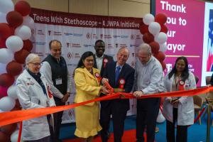 Teens with Stethoscopes ribbon cutting ceremony headed by New Brunswick Mayor, Jim Cahill and Dr. Sudha Nahar.