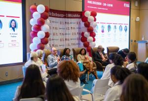 Students asking questions to Teens with Stethoscopes healthcare panel.