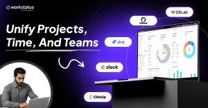 Illustration of Workstatus integrating multiple business tools into one dashboard to track time, team capacity, attendance, billing, and project performance