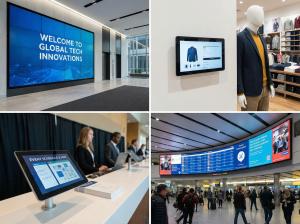 CAYIN Technology digital signage as an Edge IoT Hub in a smart factory, featuring AI-powered real-time data visualization