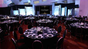 Black-tie awards ceremony interior at The Satos Awards 2026, held at Keep Memory Alive Event Center in Las Vegas.