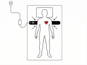 a diagram of a human laying on a bed with a red heart to give sleep user a location of where to place the sleep tracker directly under the heart and under bed sheets
