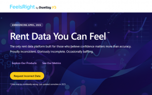 FeelsRight by Dwellsy IQ website hero section announcing "Rent Data You Can Feel," described as proudly inconsistent, gloriously incomplete, and occasionally baffling, with a Request Incorrect Data CTA button.