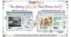 This image shows a white and purple graphic illustrating a “Listing Glow-Up That Drives Sales” for Etsy products, using a "Before" and "After" comparison. The "Before" section displays a dull, low-quality Etsy listing for a gray handmade scarf with "Poor 