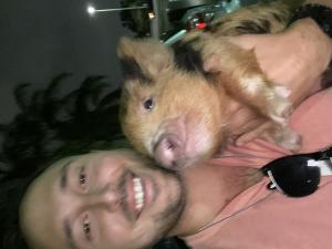 Alex Rossman with Rescued Kune Kune Pig in Los Angeles, California
