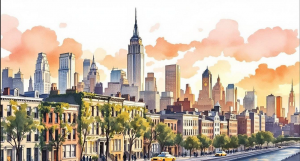 Watercolor illustration of New York City skyline and neighborhood streetscape
