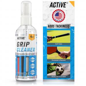 ACTIVE Grip Cleaner Spray bottle and product uses. Adds tackiness to golf grips, pickleball and tennis rackets, exercise equipment and more.