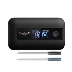 Wireless MeatStick V Duo smart meat thermometer with LCD base display and two probes (black Prime probe and grey Core probe) shown on a clean background.