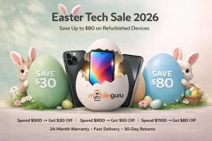 Mobile Guru's Easter Tech Sale 2026 banner showing refurbished smartphones inside a cracked egg with “Save $30” , Save $50 and “Save $80” discount offers, surrounded by Easter eggs and bunnies.