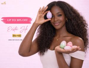 ONYC Hair Easter Sale graphic showing a woman with curly textured hair holding pastel Easter eggs with text promoting up to 30% off.