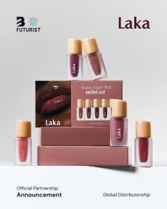 Laka Fruity Glam Tint Mini Set official partnership announcement featuring five mini lip tints in frosted bottles with tan caps arranged on mauve pedestals.