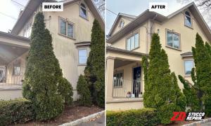 Before and after stucco repairs and painting