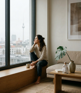 Brazilian person living abroad in a minimalist apartment, with a thoughtful and emotionally contained expression