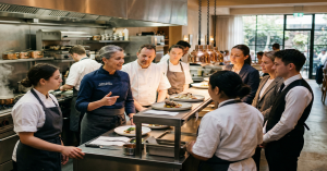 A restaurant owner confidently leading their team to success.