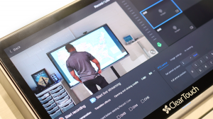The touchscreen interface of the Clear Touch Command Studio Capture Console showing multi-camera PTZ controls, live video switching, and audio levels for professional mobile broadcasting.