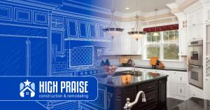 A stylized image of a kitchen that starts on the left as a blueprint and transforms into a completed kitchen remodel