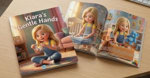 Printed MIBOOKO personalized children’s storybook showing the cover and open interior pages.