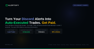 Alertsify platform workflow diagram showing unified API connection from users to 9 integrated brokerages with sub-2-second transaction processing and community integration tools